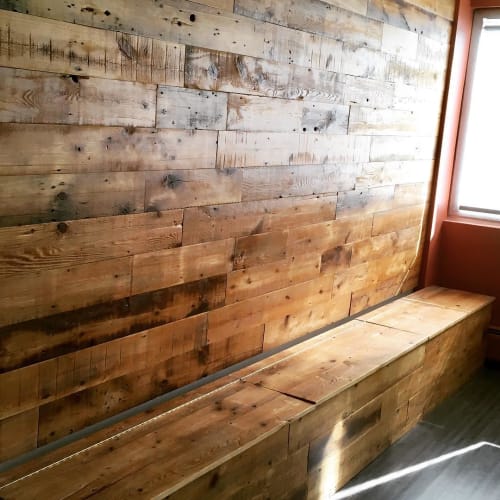 “Reclaimed Wood Accent Wall With Built-in Bench Chest” | Benches & Ottomans by MP Custom Made