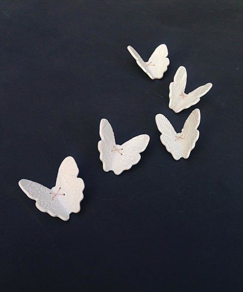 5 Copper & White Porcelain Ceramic Butterflies | Wall Sculpture in Wall Hangings by Elizabeth Prince Ceramics