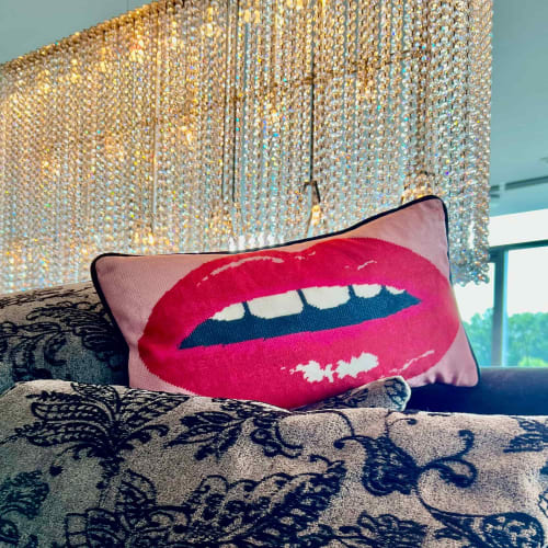 pink velvet EMBRASSE MOI lips lumbar feather down pillow | Pillows by Mommani Threads | Daniel Boone Native Gardens in Boone