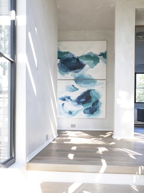 "Ebb and Flow" Abstract diptych in ocean blues and teals | Paintings by Deeann Rieves