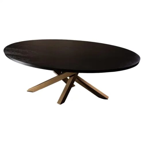 Oval Black Oak Dining Table, Criss Cross Golden Base | Tables by Aeterna Furniture