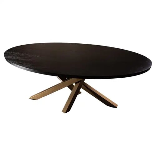 Oval Black Oak Dining Table, Criss Cross Golden Base | Tables by NO AGE FURNITURE STUDIO