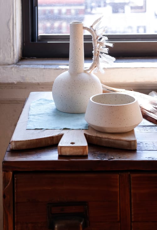 White Speckled Bottle with Vintage Silk Handle | Vases & Vessels by Cóte García Ceramics