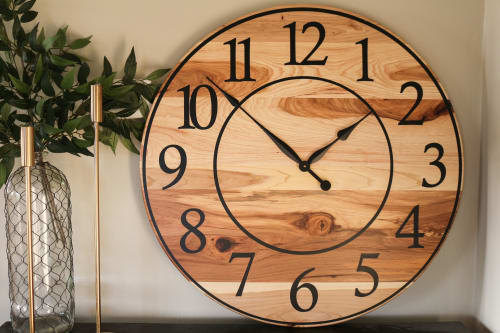 Solid Hickory Wood Wall Clock with Numbers and Lines | Decorative Objects by Hazel Oak Farms