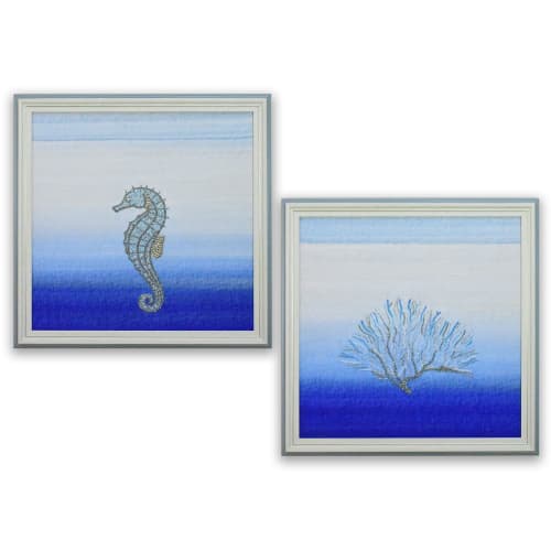 Coral & Sea Horse Handmade Luxury Embroider Wall Art | Embroidery in Wall Hangings by MagicSimSim