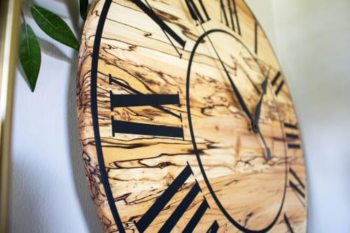 Solid Spalted Maple Wall Clock with Black Lines and Roman Nu | Decorative Objects by Hazel Oak Farms