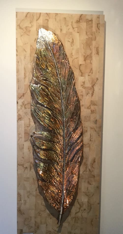 Slumped glass feather on balsa wood | Art & Wall Decor by GlassXpressions - Lisa de Boer | Glass Xpressions Gallery + Studio in Molendinar