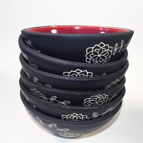 Black & Burgundy Cereal Bowl With Hand Carved Design | Dinnerware by Tina Fossella Pottery