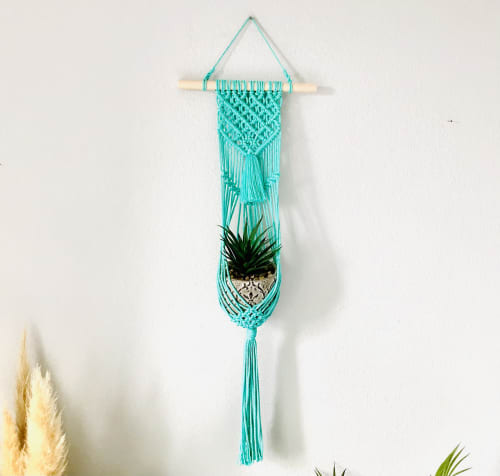 Modern Knotted rope plant hanger- Teal Green LAVANYA | Macrame Wall Hanging by YASHI DESIGNS