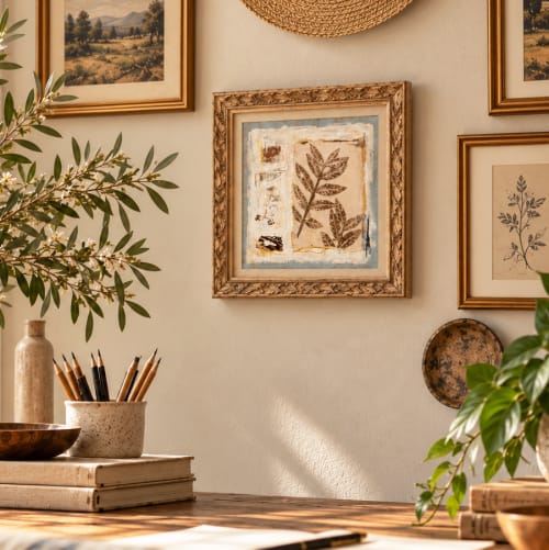 Sepia Garden – Original Blue Botanical Mixed Media Collage | Mixed Media by Michele S