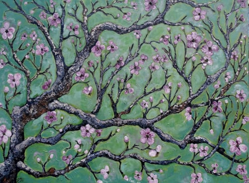 “Bird Songs” Original Cherry Blossom Tree Branch Painting | Paintings by Emily Newman Fine Art