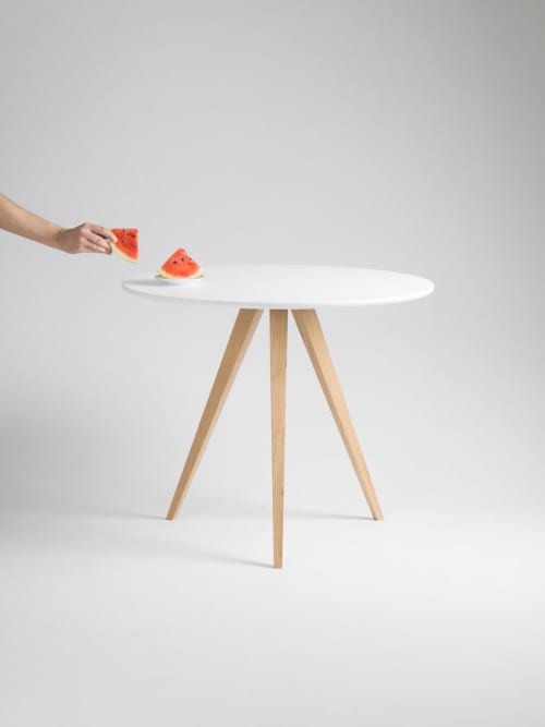 Round white table, dining table, with solid oak legs | Tables by Mo Woodwork