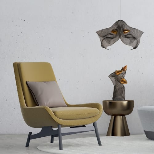 Gold Ones wire mesh sculptures, hanging and sitting | Sculptures by Anne Lindsay