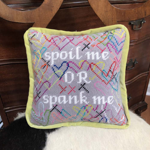 contemporary needlepoint SPOIL ME wool feather down pillow | Pillows by Mommani Threads