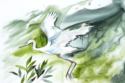 Egret in Flight : Original Watercolor Painting on Canvas | Paintings by Elizabeth Becker