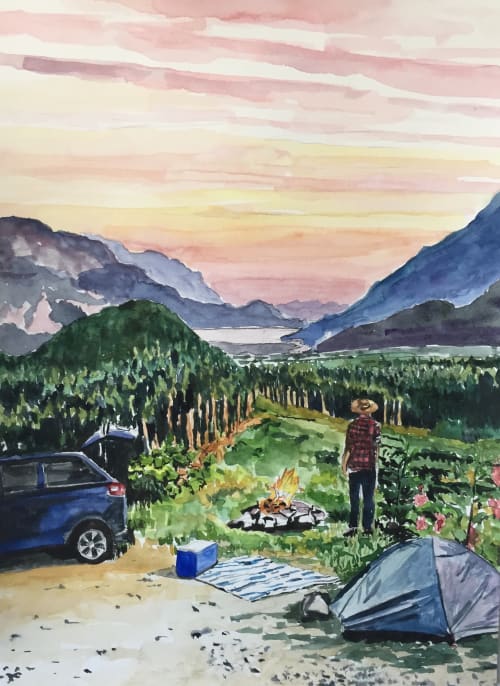 Sunset Camp, 2018, 15 x 11 inches, watercolor | Watercolor Painting in Paintings by Arran Harvey | Arran Harvey Studio in San Francisco