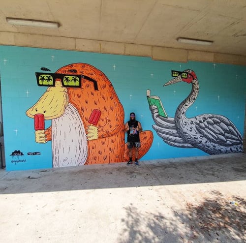 Mural at Hunters Hill of Atticus the Platypus and Bruce the Brolga | Murals by Mulga | Hunters Hill High School in Hunters Hill