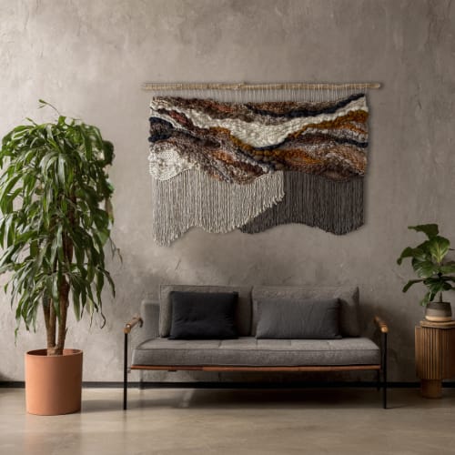 Woven Wall Tapestry in Earthy Tones "Beneath the Surface" | Wall Hangings by KnitushkiStore