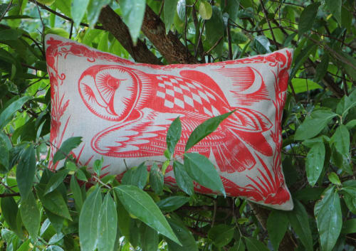 Handprinted Linen Owl Cushion | Pillows by Hugh Dunford Wood