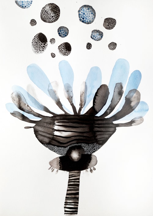 Blue petals ink and watercolour floral abstract original art | Watercolor Painting in Paintings by Valeria Kondor