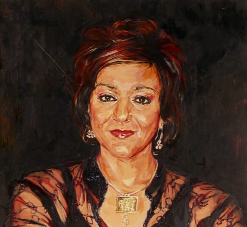 Portrait of writer and comedian Meera Syal for the BBC. | Paintings by Kim Hart. Portraitist. | The New Art Gallery Walsall in Walsall