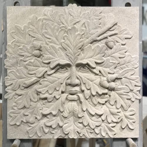 Green Man with Oak leaves. | Macrame Wall Hanging by Barber - Carving & Sculpture Inc.