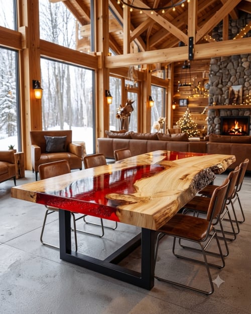 Luxury Red Epoxy Resin Dining Table | Live Edge Wood River T | Candle Holder in Decorative Objects by SK EPOXY CRAFT