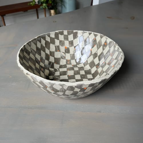 Large Stoneware Serving Bowl | Light Grey Checkered Bowl | Serveware by Casa Studio