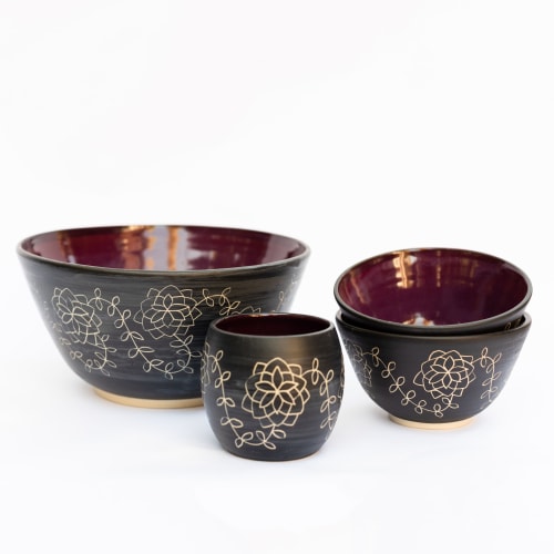 Black & Burgundy Cereal Bowl With Hand Carved Design | Tableware by Tina Fossella Pottery