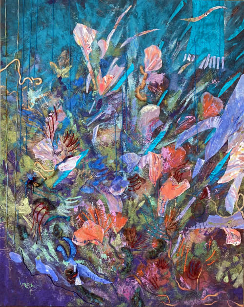 Efflorescendce, Oversize Painted Textile Collage, 60" x 48" | Mixed Media in Paintings by Dorothy Fagan Fine Arts