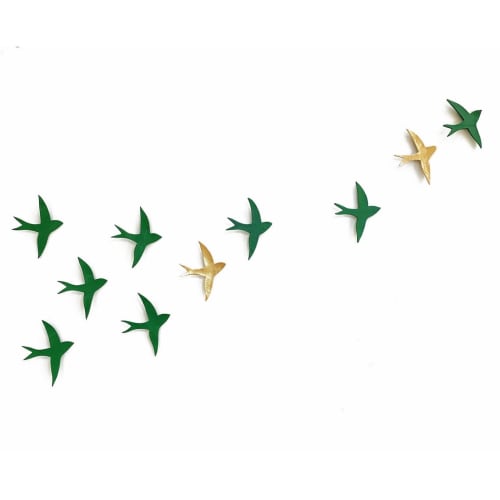 Set Of 10 Ceramic Birds Green and Gold | Wall Sculpture in Wall Hangings by Elizabeth Prince Ceramics