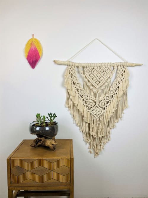 Large Macrame Wall Hanging - White Macramé Bedroom Décor on Driftwood - Intricate Layered Bohemian Style Tapestry | Macrame Wall Hanging by Cosmic String Fiber Art