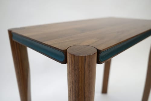 Aviateur Side Table in Walnut, Accent Cove in Green Leather | Tables by Geoff McKonly Furniture