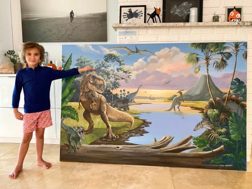 Dinosaur painting commission for a young boy. | Paintings by Maureen Hudas