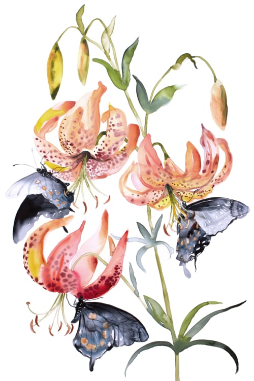 Lilies and Swallowtails : Watercolor Painting on Canvas | Paintings by Elizabeth Becker