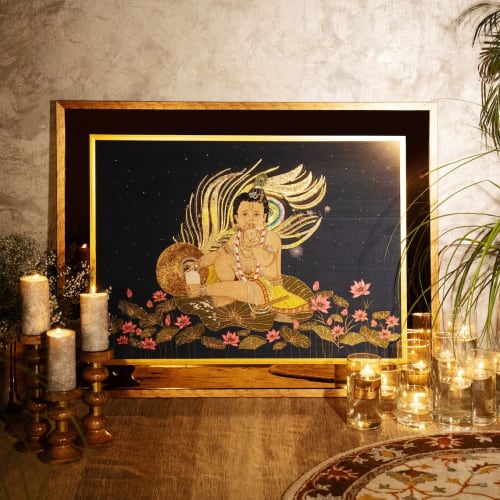 Handmade Bespoke Luxury Embroidered Artwork of Bal Gopal Lor | Embroidery in Wall Hangings by MagicSimSim