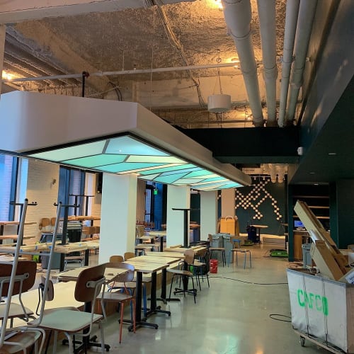 Ceiling Features - faux stained glass | Furniture by American Handcraft | Night Shift Brewing - Lovejoy Wharf in Boston