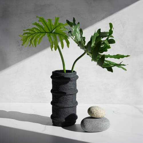 Medium Striped Cylinder Vase in Textured Black Concrete | Vases & Vessels by Carolyn Powers Designs