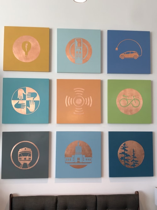 Copper Symbols series of 9 24" x24" copper leaf on wood panel | Paintings by Open Eye Art | Go Forth Electric Showcase in Portland