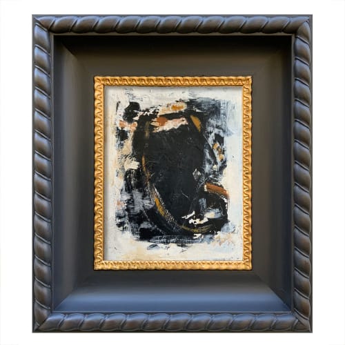 Abstract Black and White Painting in Vintage Mahogany Frame | Paintings by Suzanne Nicoll Studio