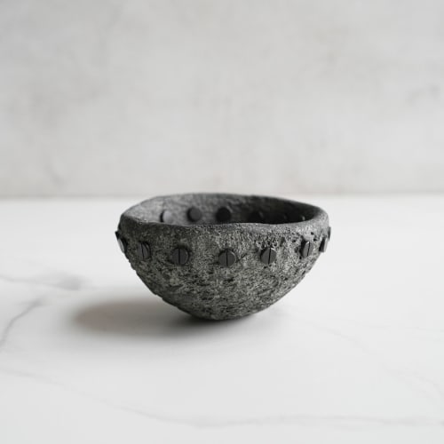 Medium Treasure Bowl in Stone Grey Concrete and Black Rivets | Decorative Objects by Carolyn Powers Designs