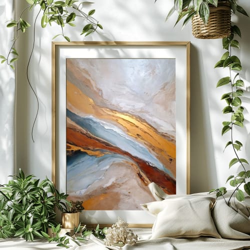 Luminous Drift – Abstract Painting in Gold, Blue & Terracota | Prints by Alpenglow Workshop