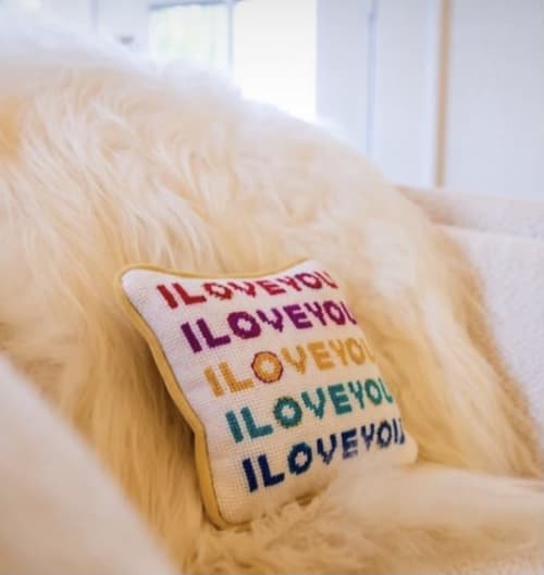 original needlepoint I LOVE YOU feather down pillow | Pillows by Mommani Threads | TFA Gallery + Advisory in Charlotte