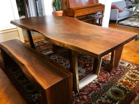 Black walnut live edge dining table and bench set