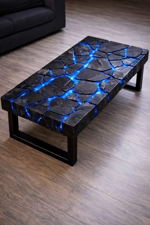 Handcrafted Black Slate & Glowing Blue Epoxy Coffee Table | | Tables by SK EPOXY CRAFT