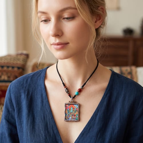 Hand-Painted Green Tara Thangka Solid Silver Locket Pendant | Ornament in Decorative Objects by Dynasty Artisan