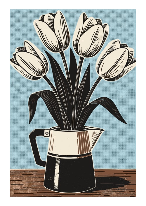 White tulips and coffee pot | Paintings by Paul Manwaring Fine Art Prints