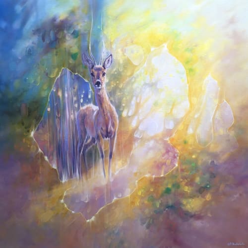 The Roebucks Realm is a large woodland themed oil painting | Oil And Acrylic Painting in Paintings by Gill Bustamante