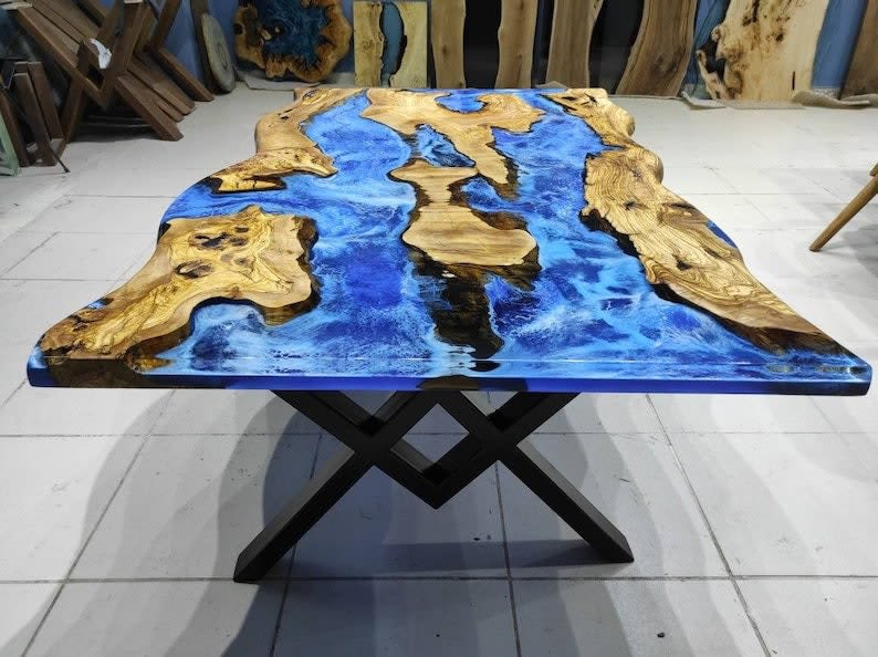 Living Room River Ocean Epoxy Table, Live Edge Olivee Tree by ...