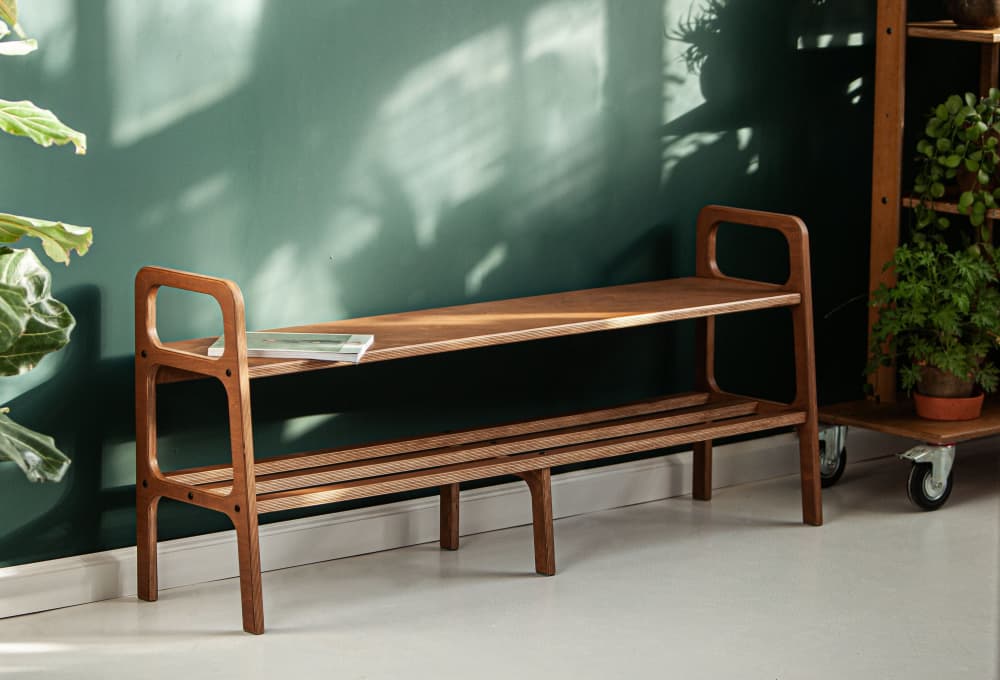 Entryway bench, Mid century shoe storage, Wood bench by Plywood Project